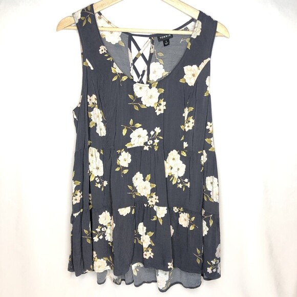 Torrid Plus Size 1 Gray White Floral Challis Babydoll Tank Latice Back Flowy - Picture 1 of 10